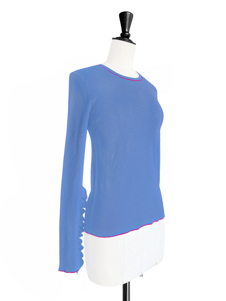 薰衣草藍超長荷葉邊袖羊毛混紡毛衣