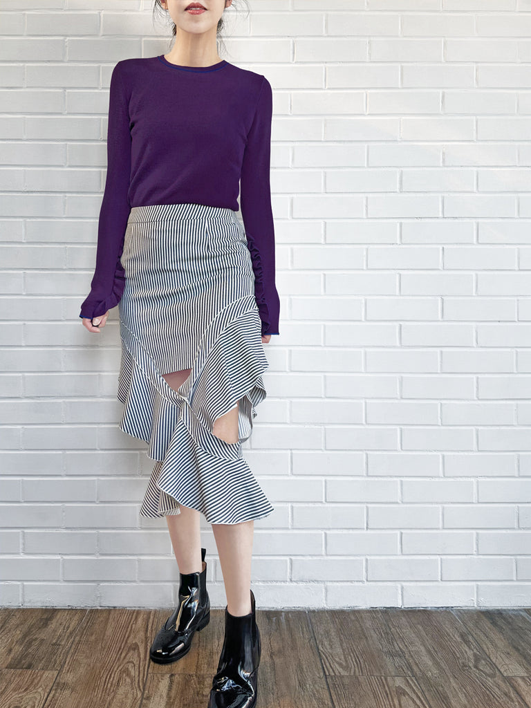 深紫色超長荷葉邊袖羊毛混紡毛衣