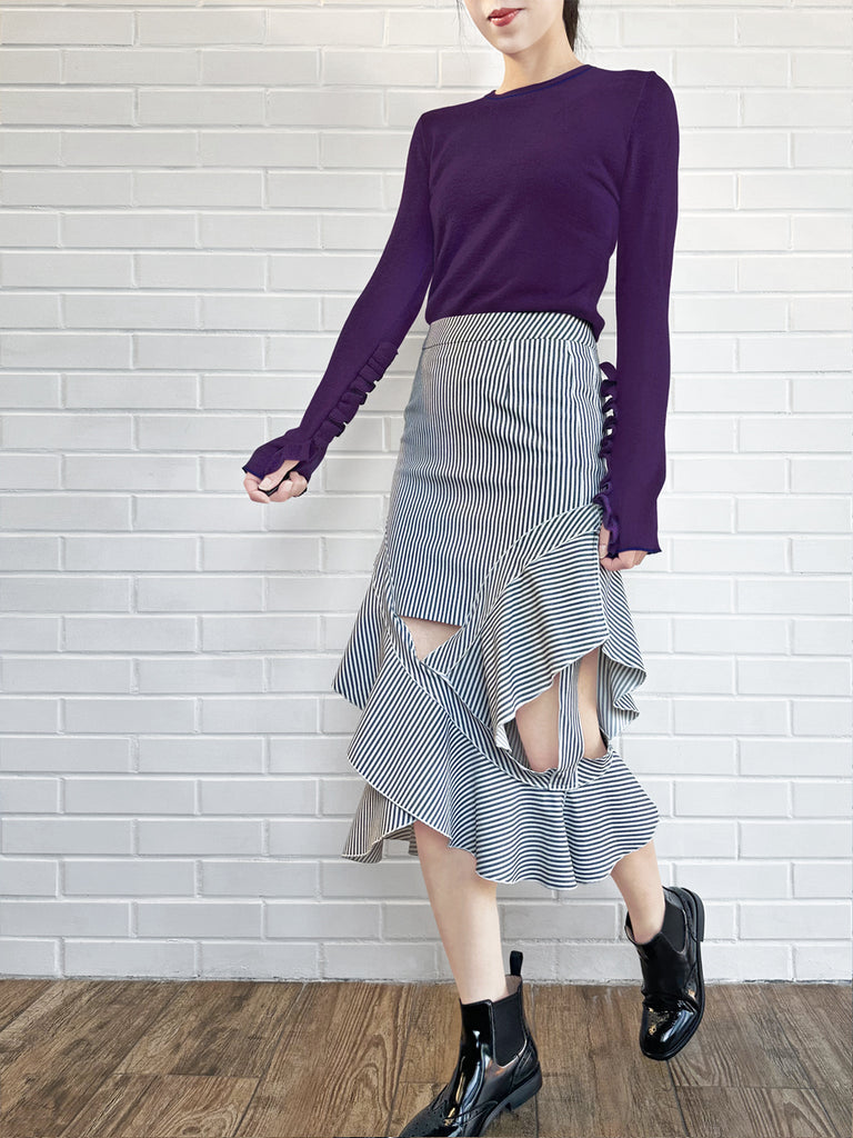 深紫色超長荷葉邊袖羊毛混紡毛衣