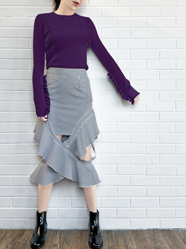 深紫色超長荷葉邊袖羊毛混紡毛衣
