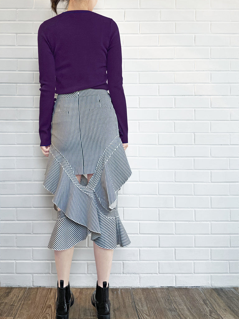 深紫色超長荷葉邊袖羊毛混紡毛衣