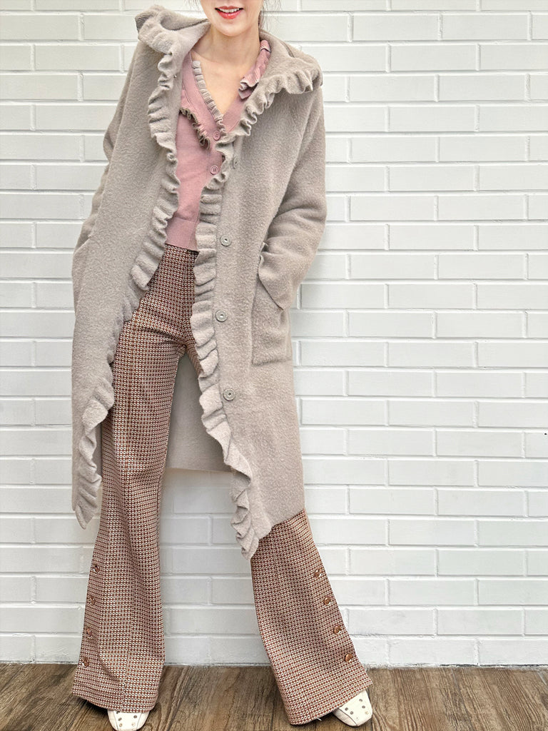 灰褐色粉紅荷葉邊馬海毛混紡長連帽大衣