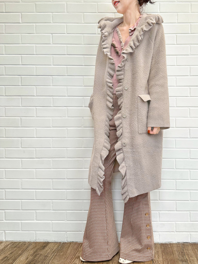 灰褐色粉紅荷葉邊馬海毛混紡長連帽大衣