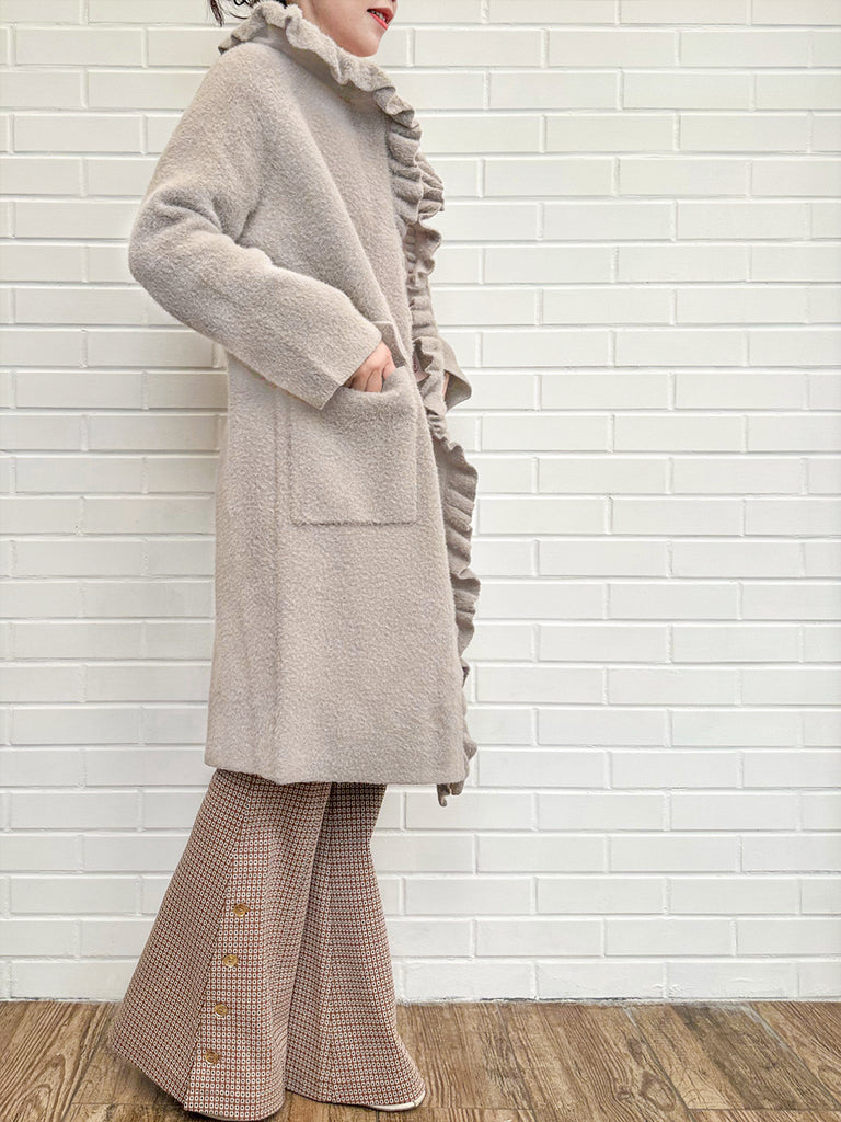 灰褐色粉紅荷葉邊馬海毛混紡長連帽大衣