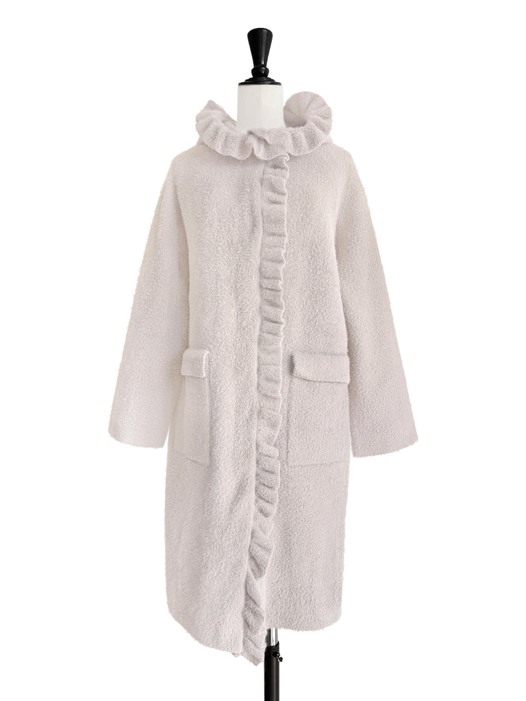 灰褐色粉紅荷葉邊馬海毛混紡長連帽大衣