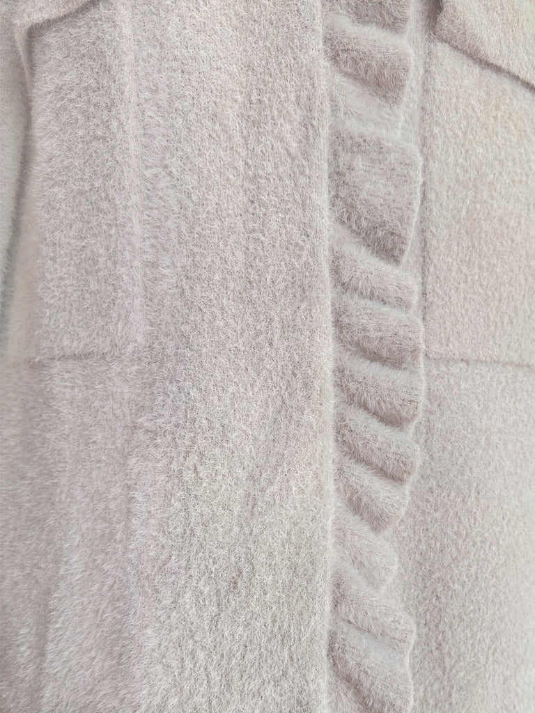 灰褐色粉紅荷葉邊馬海毛混紡長連帽大衣