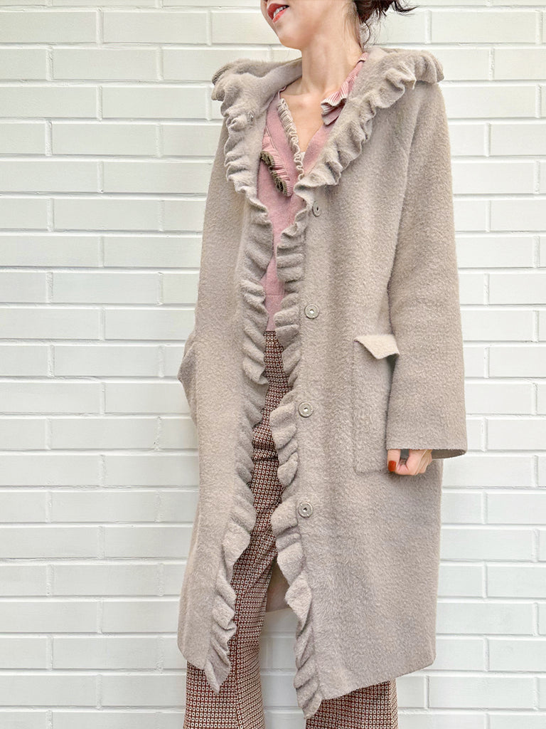 灰褐色粉紅荷葉邊馬海毛混紡長連帽大衣