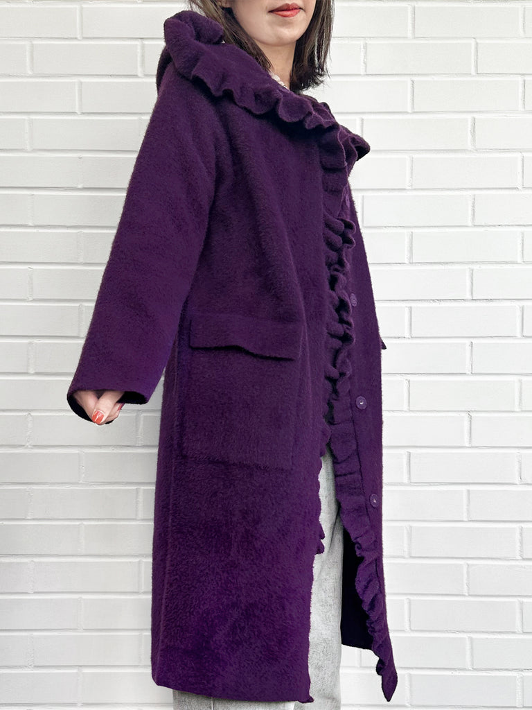 Surprise Sale! Purple Ruffle Trim Mohair Blended Longline Hooded Coatigan