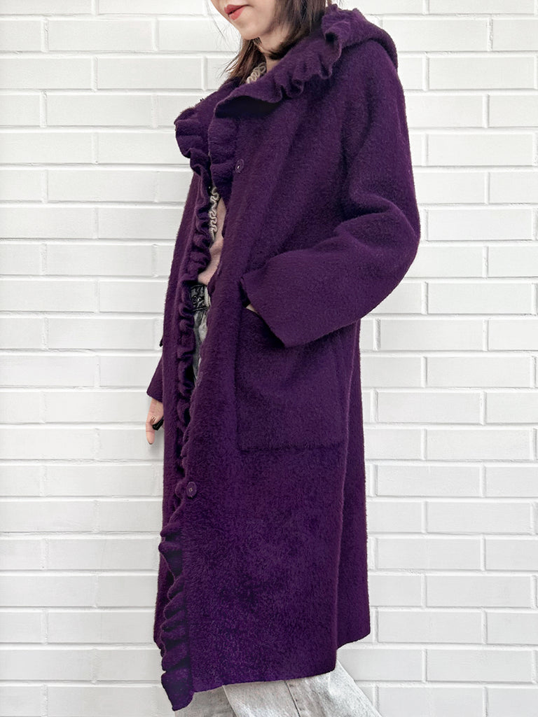 Surprise Sale! Purple Ruffle Trim Mohair Blended Longline Hooded Coatigan