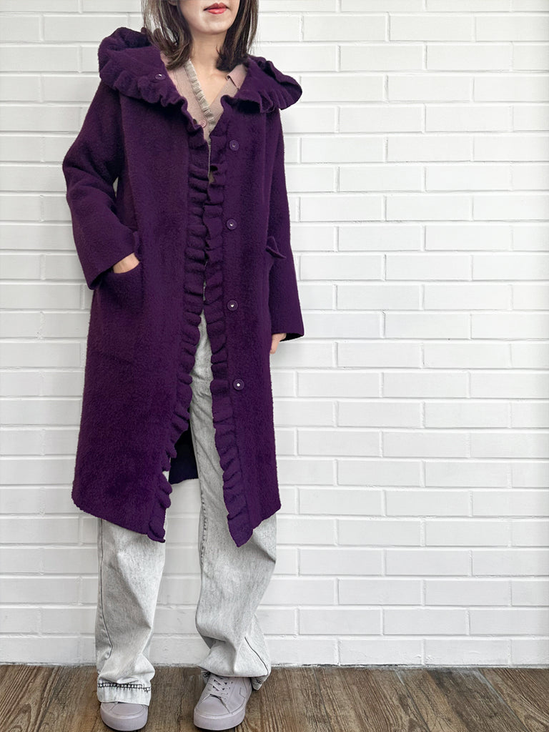 Surprise Sale! Purple Ruffle Trim Mohair Blended Longline Hooded Coatigan