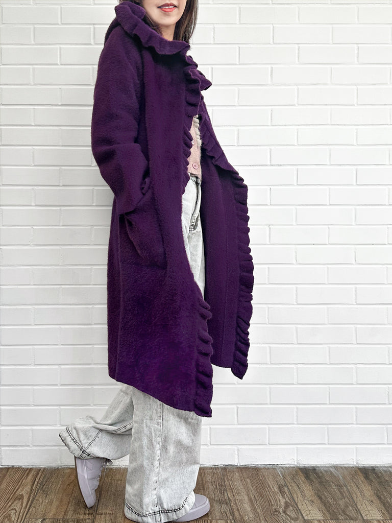 Surprise Sale! Purple Ruffle Trim Mohair Blended Longline Hooded Coatigan
