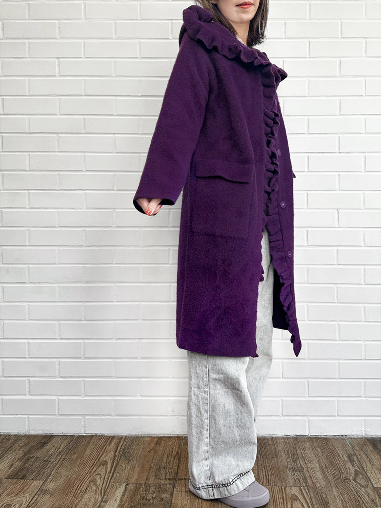 Surprise Sale! Purple Ruffle Trim Mohair Blended Longline Hooded Coatigan