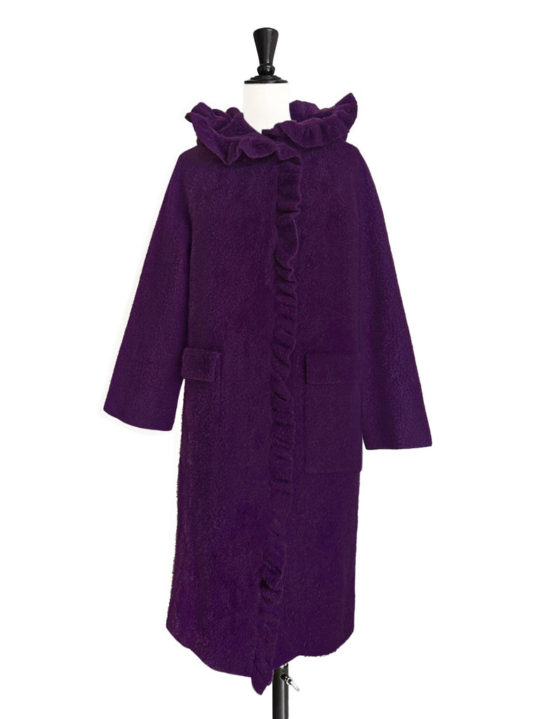 Surprise Sale! Purple Ruffle Trim Mohair Blended Longline Hooded Coatigan