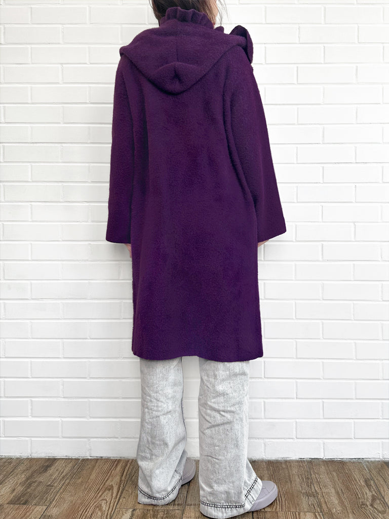 Surprise Sale! Purple Ruffle Trim Mohair Blended Longline Hooded Coatigan