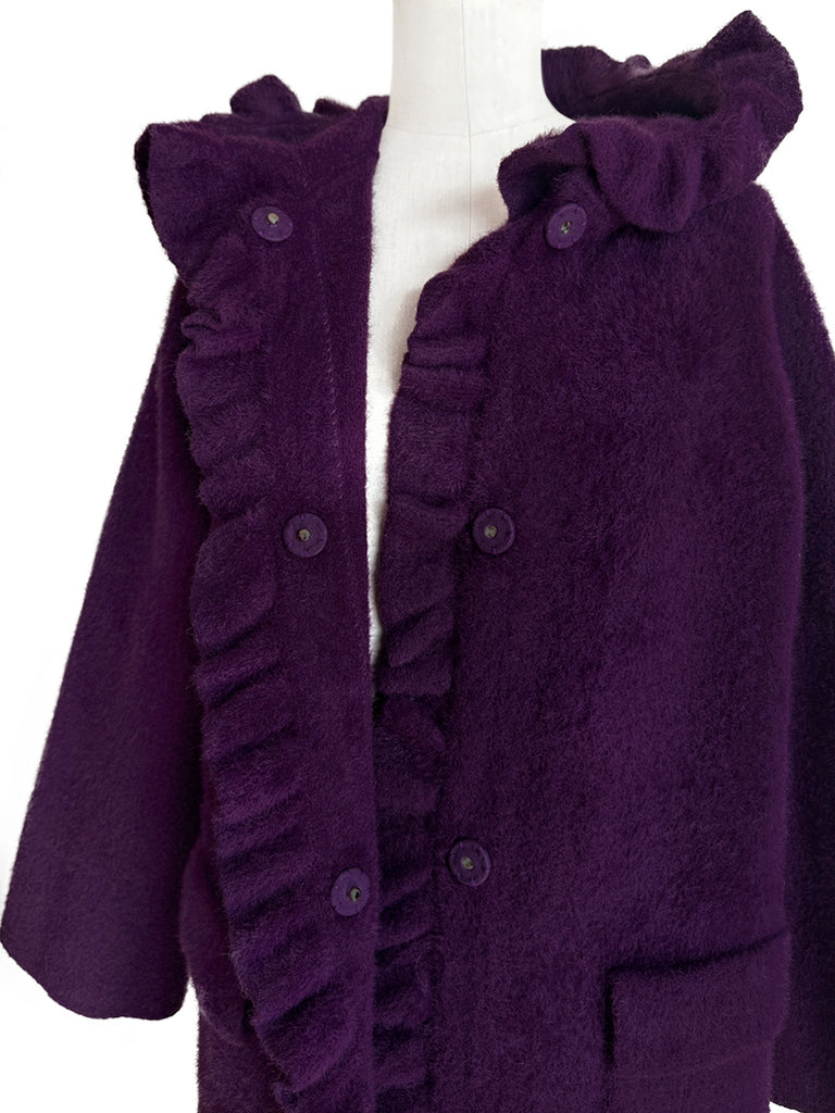 Surprise Sale! Purple Ruffle Trim Mohair Blended Longline Hooded Coatigan