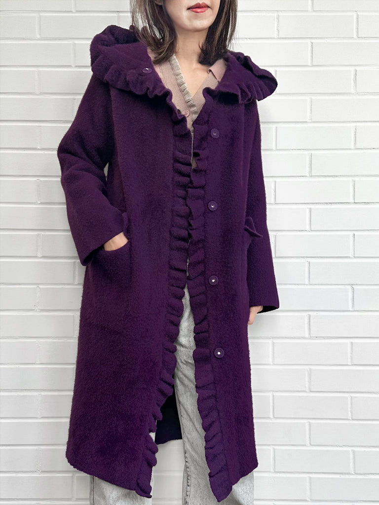 Surprise Sale! Purple Ruffle Trim Mohair Blended Longline Hooded Coatigan