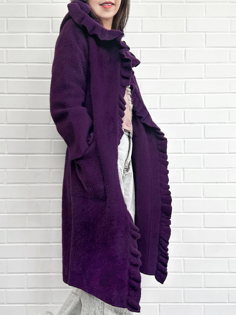 Surprise Sale! Purple Ruffle Trim Mohair Blended Longline Hooded Coatigan