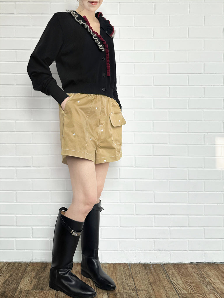 優雅黑色荷葉邊領寬鬆 V 領羊毛羊絨開襟衫