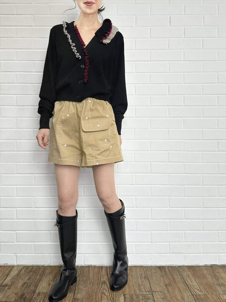 優雅黑色荷葉邊領寬鬆 V 領羊毛羊絨開襟衫