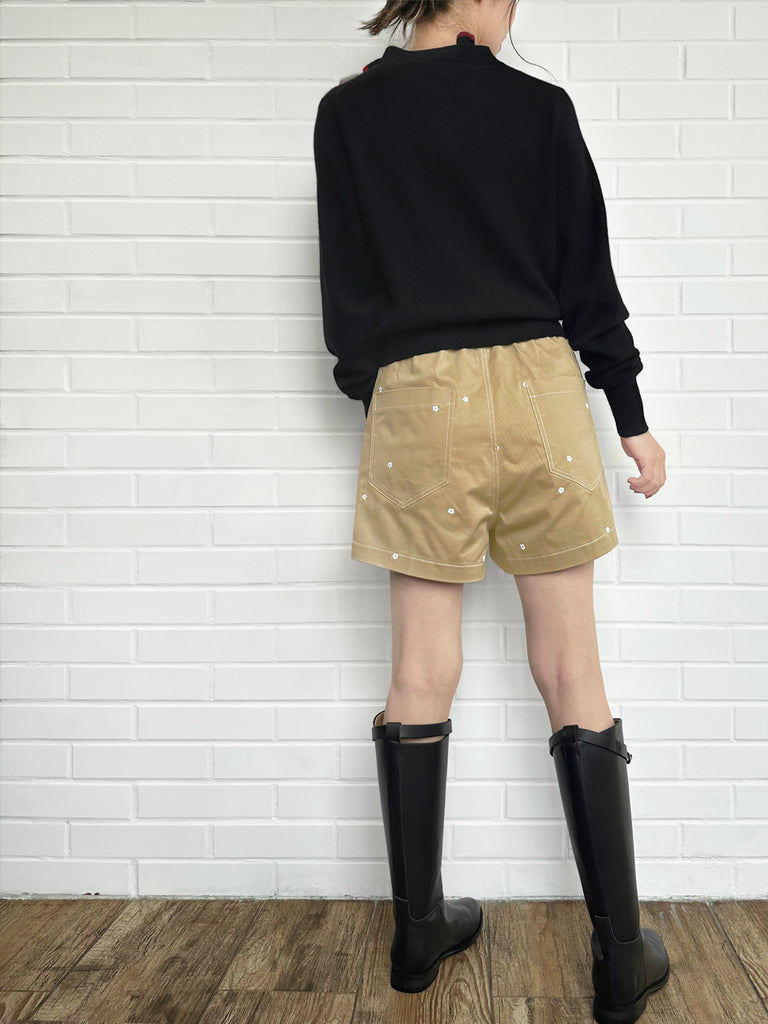 優雅黑色荷葉邊領寬鬆 V 領羊毛羊絨開襟衫