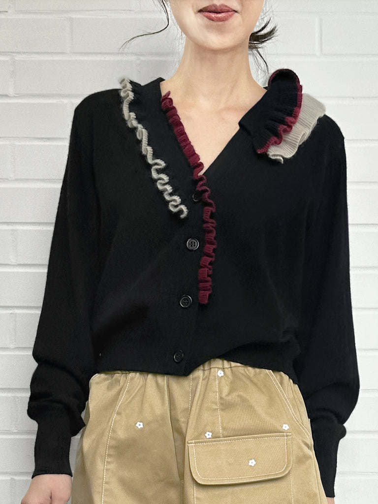 優雅黑色荷葉邊領寬鬆 V 領羊毛羊絨開襟衫