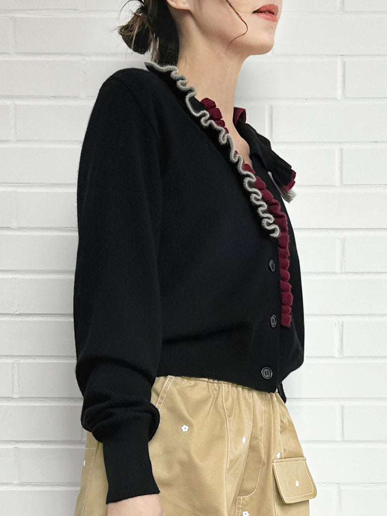 優雅黑色荷葉邊領寬鬆 V 領羊毛羊絨開襟衫