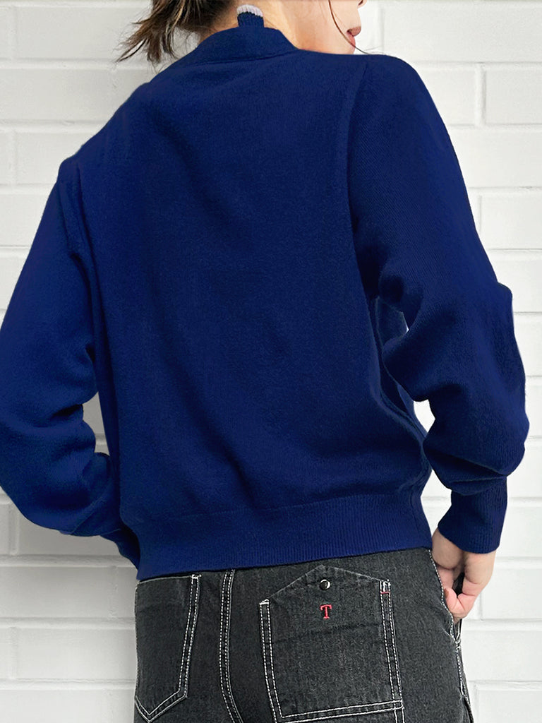 寶藍色荷葉邊領寬鬆 V 領羊毛羊絨開襟衫