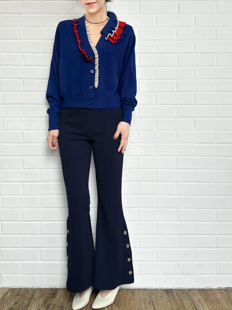 寶藍色荷葉邊領寬鬆 V 領羊毛羊絨開襟衫