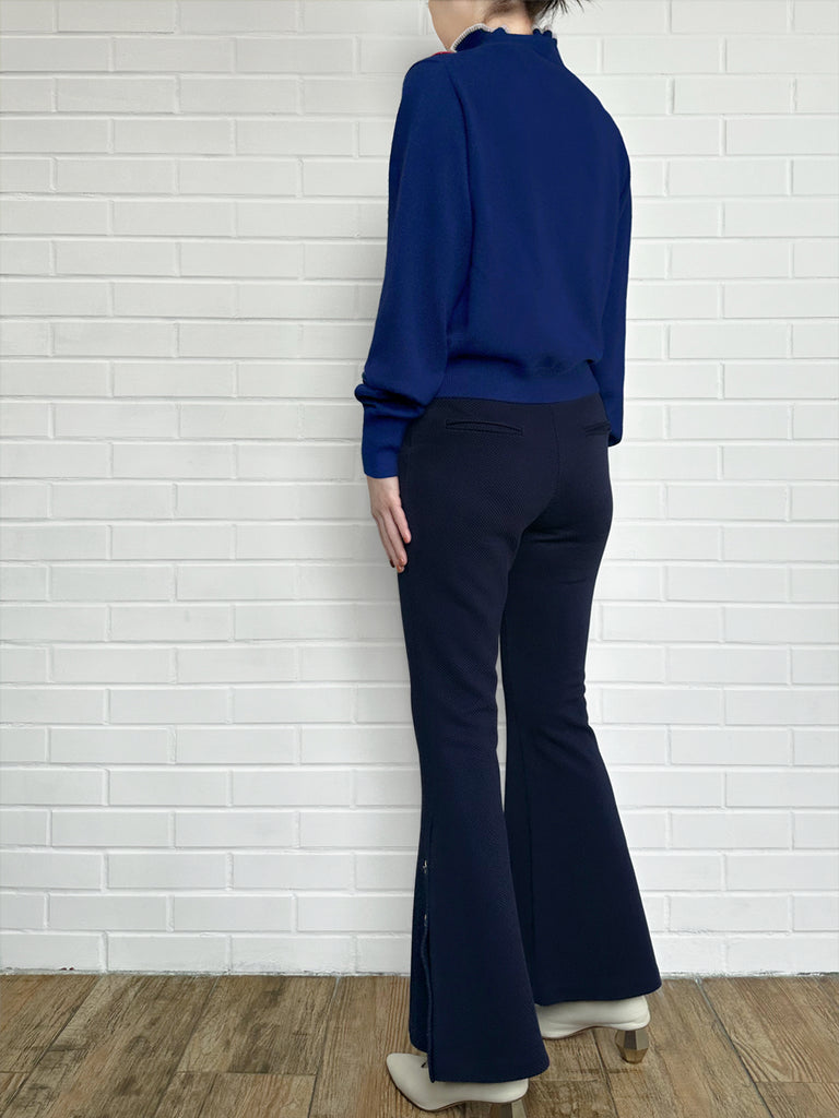 寶藍色荷葉邊領寬鬆 V 領羊毛羊絨開襟衫