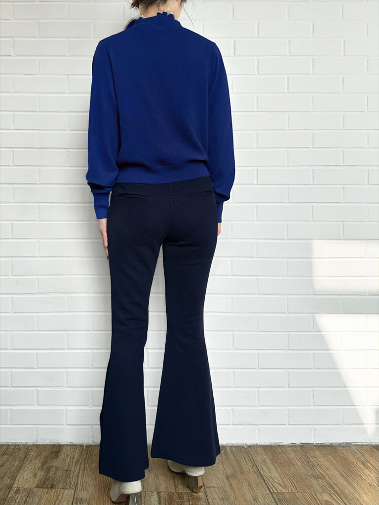 寶藍色荷葉邊領寬鬆 V 領羊毛羊絨開襟衫