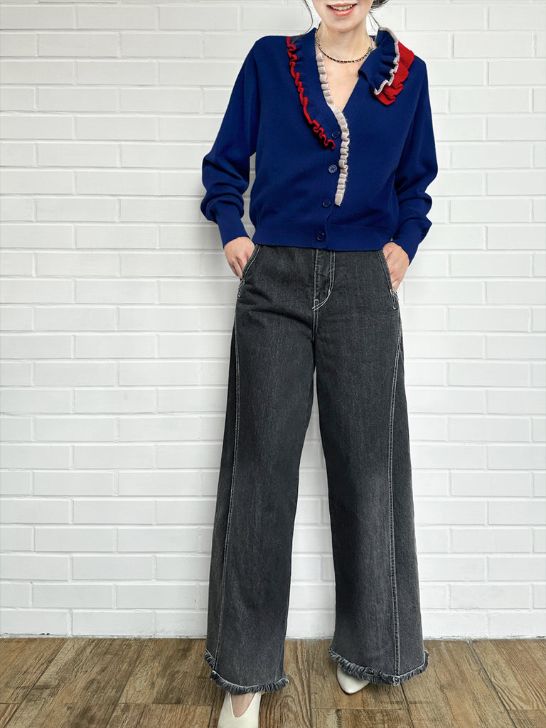 寶藍色荷葉邊領寬鬆 V 領羊毛羊絨開襟衫