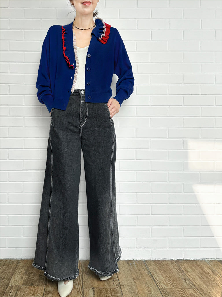 寶藍色荷葉邊領寬鬆 V 領羊毛羊絨開襟衫