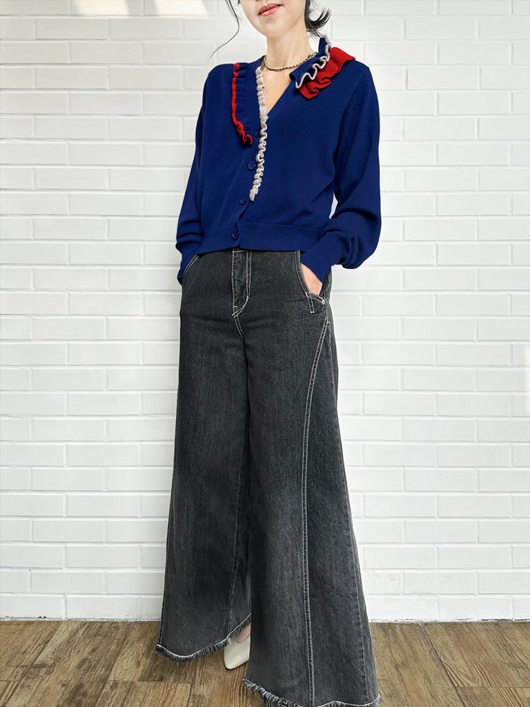 寶藍色荷葉邊領寬鬆 V 領羊毛羊絨開襟衫