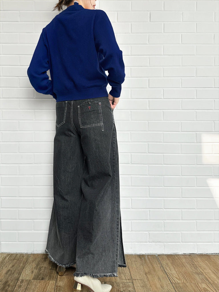 寶藍色荷葉邊領寬鬆 V 領羊毛羊絨開襟衫