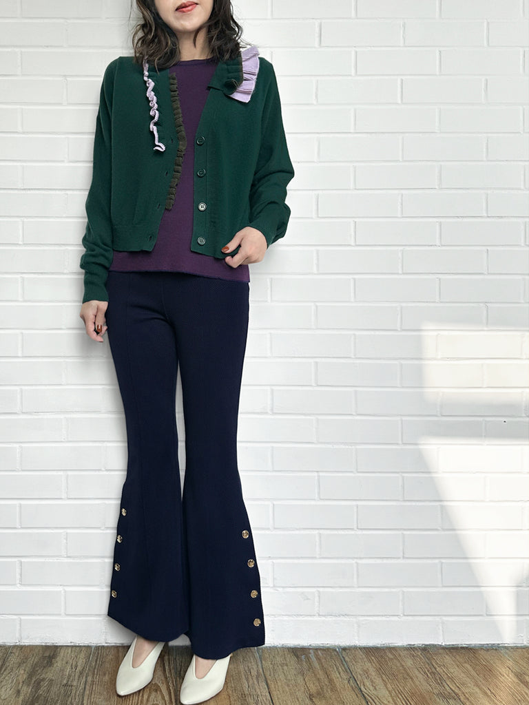 森林綠色荷葉邊領寬鬆 V 領羊毛羊絨開襟衫