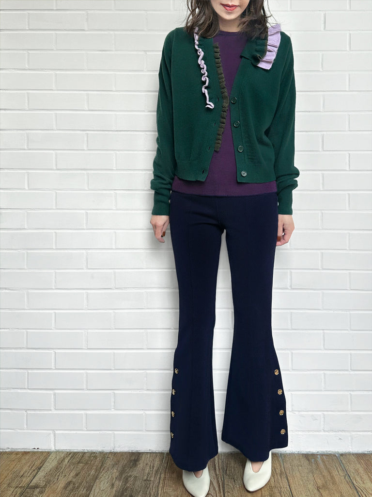 森林綠色荷葉邊領寬鬆 V 領羊毛羊絨開襟衫