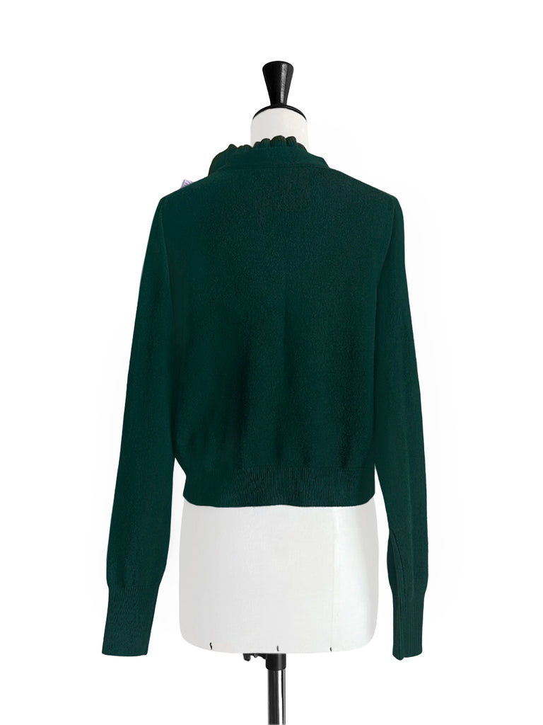 森林綠色荷葉邊領寬鬆 V 領羊毛羊絨開襟衫