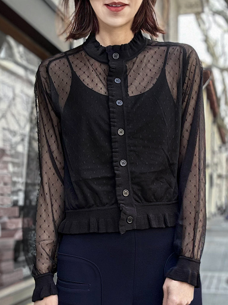 Surprise Sale! Black Seam Detail Dotted Fishnet Sheer Cardigan Sweater