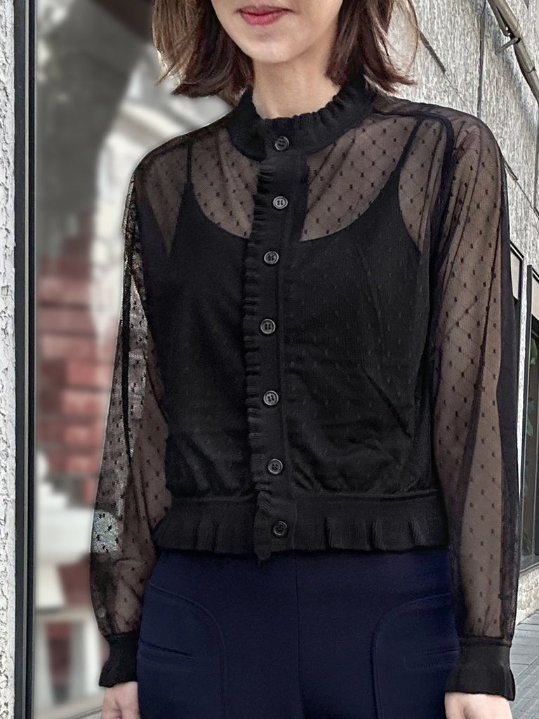 Surprise Sale! Black Seam Detail Dotted Fishnet Sheer Cardigan Sweater
