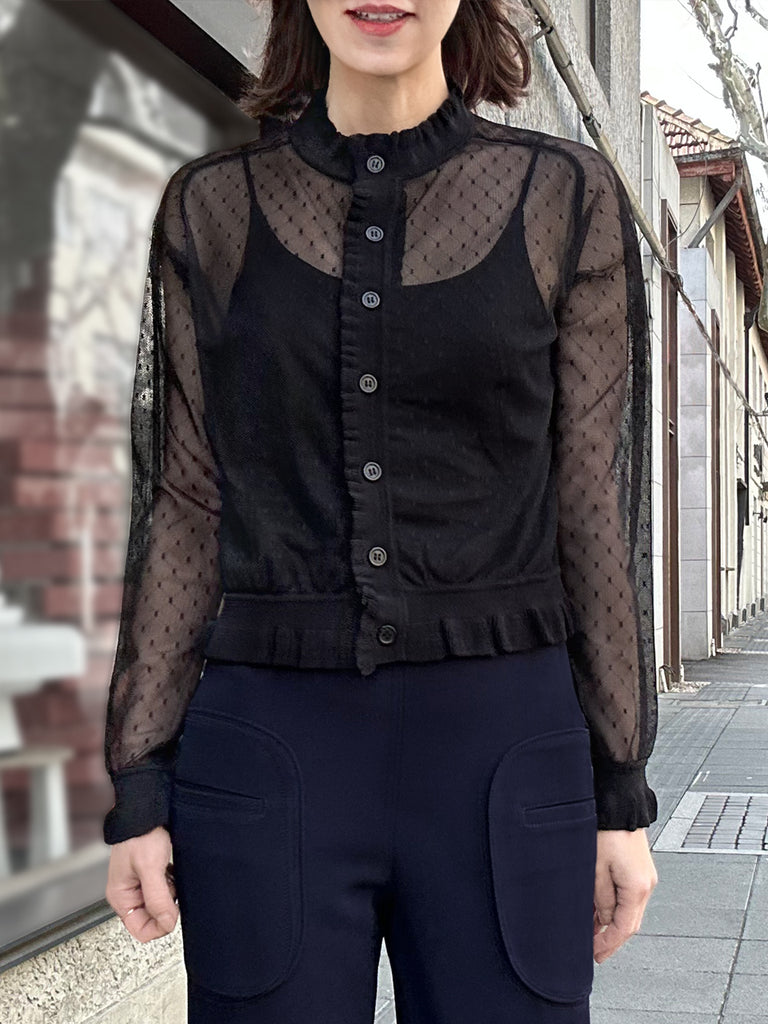 Surprise Sale! Black Seam Detail Dotted Fishnet Sheer Cardigan Sweater