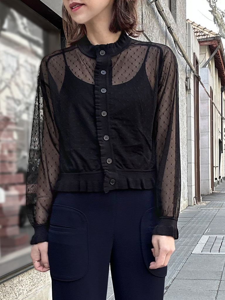 Surprise Sale! Black Seam Detail Dotted Fishnet Sheer Cardigan Sweater