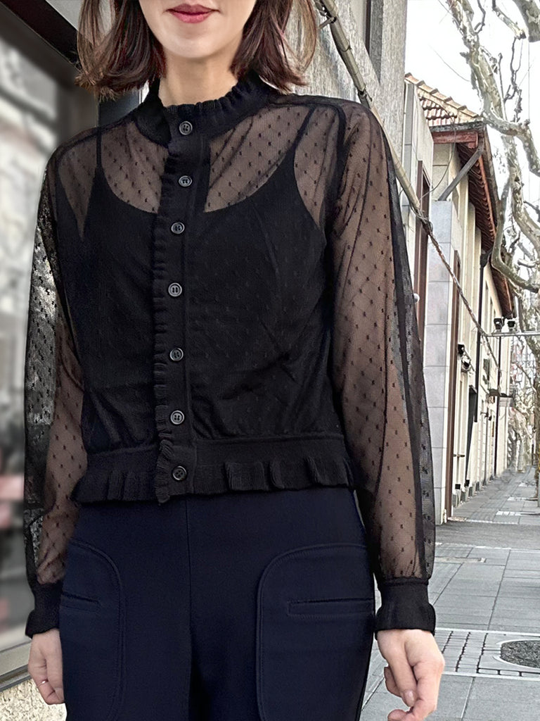 Surprise Sale! Black Seam Detail Dotted Fishnet Sheer Cardigan Sweater