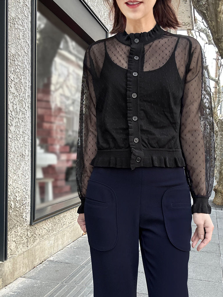 Surprise Sale! Black Seam Detail Dotted Fishnet Sheer Cardigan Sweater