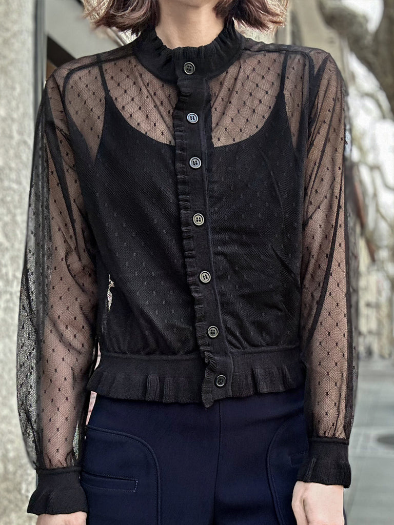 Surprise Sale! Black Seam Detail Dotted Fishnet Sheer Cardigan Sweater