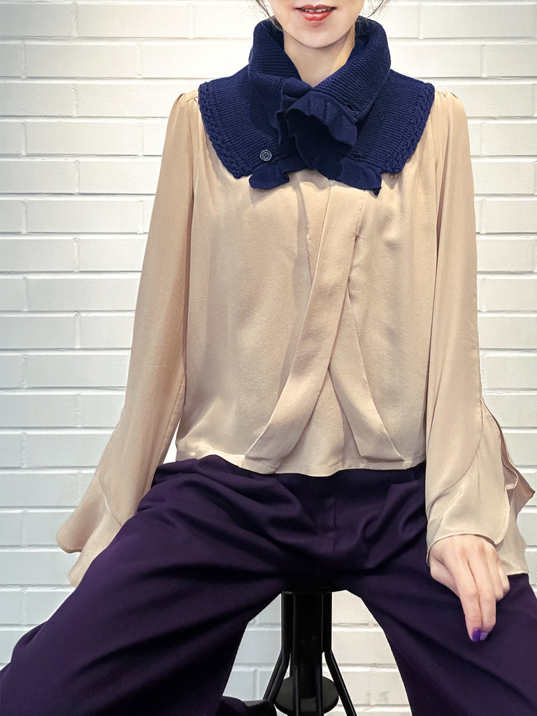 特別的!海軍藍鉤編邊飾荷葉邊 A 型內襯圍脖