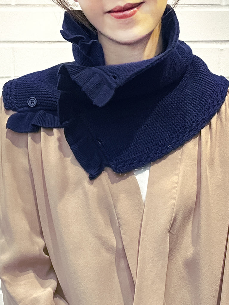 特別的!海軍藍鉤編邊飾荷葉邊 A 型內襯圍脖
