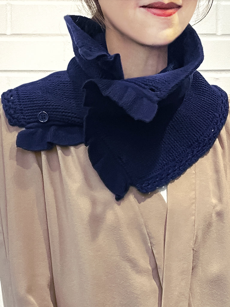 特別的!海軍藍鉤編邊飾荷葉邊 A 型內襯圍脖