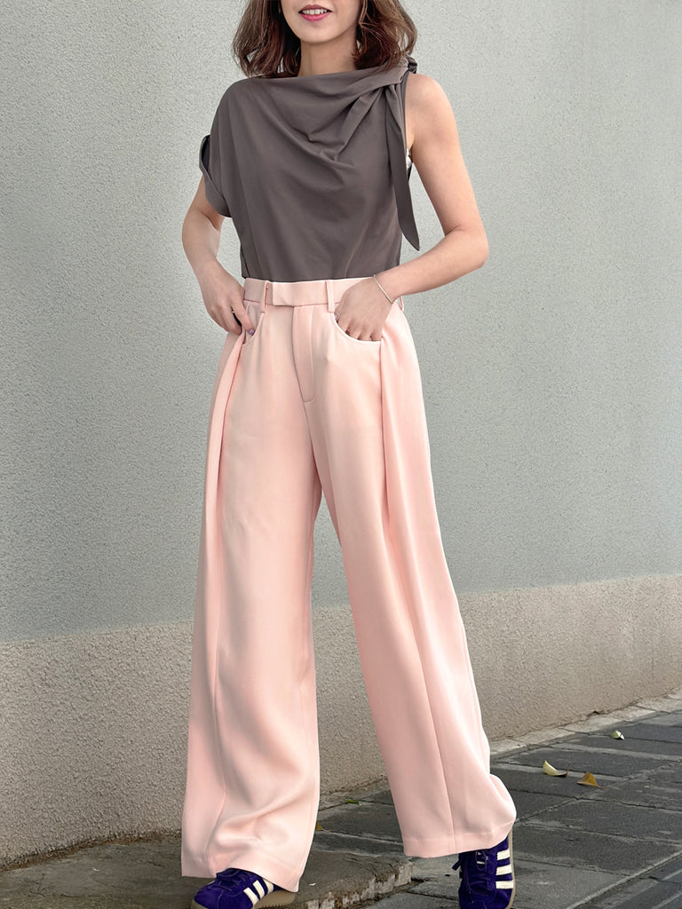Surprise Sale! Taupe Grey Asymmetric Tie Knot Detail Boat Neck Tee