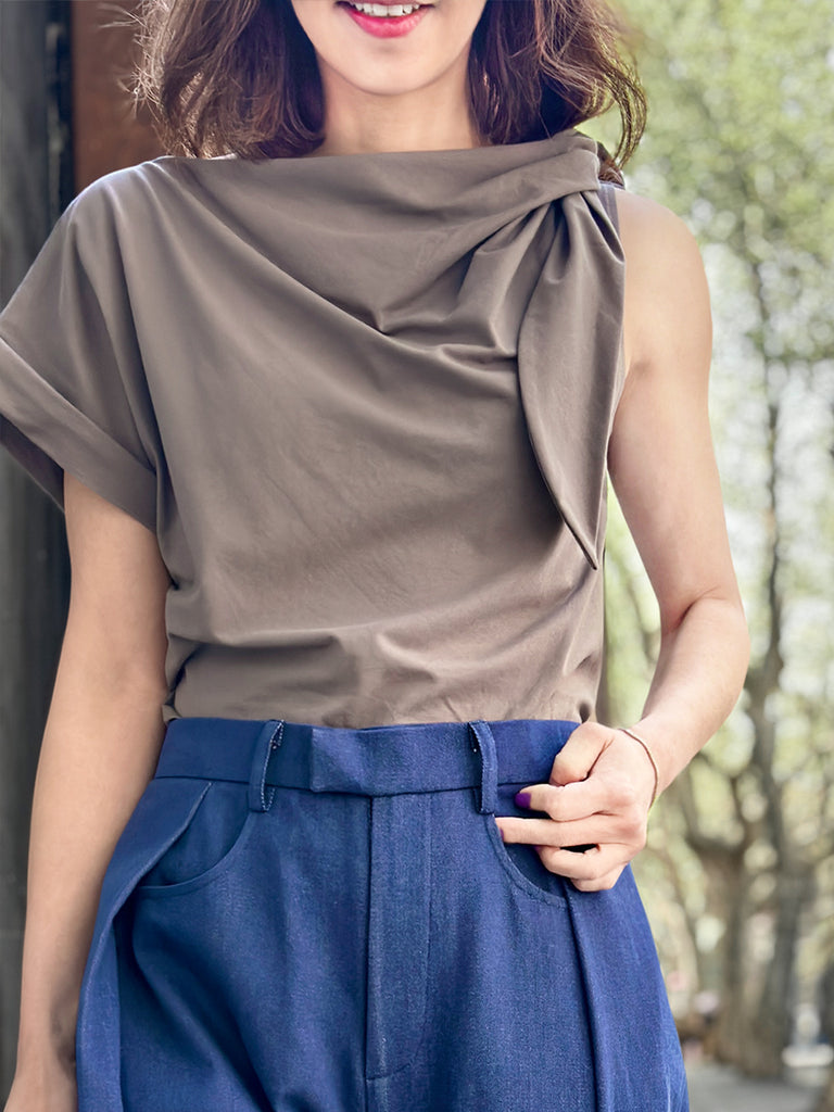 Surprise Sale! Taupe Grey Asymmetric Tie Knot Detail Boat Neck Tee