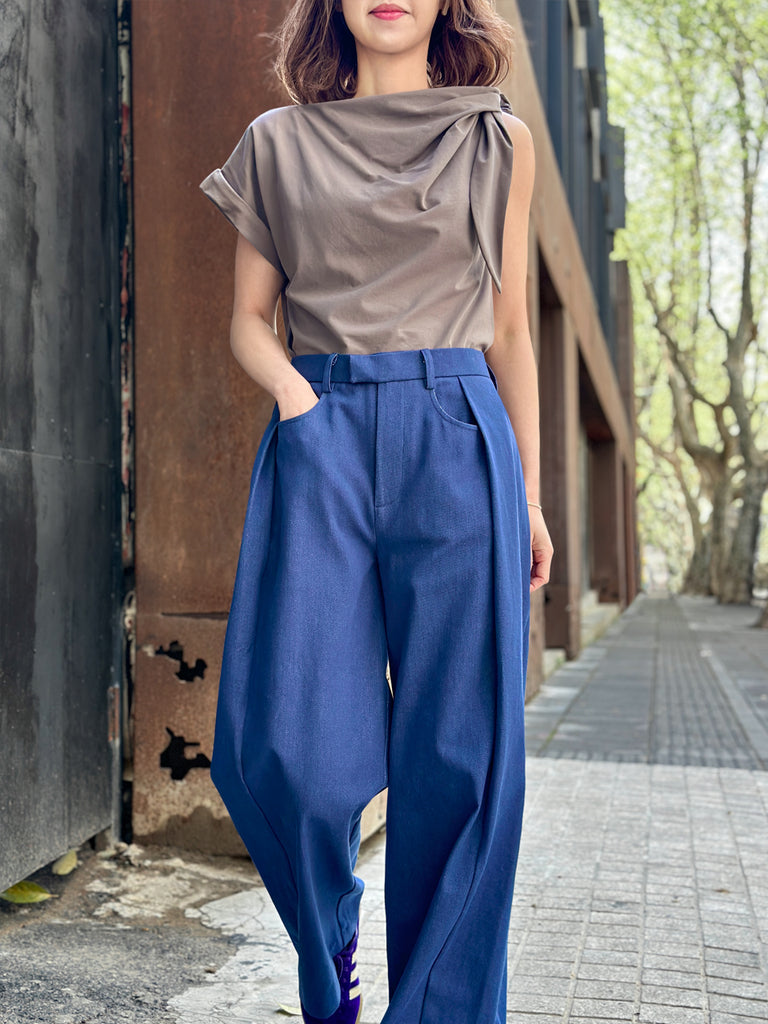 Surprise Sale! Taupe Grey Asymmetric Tie Knot Detail Boat Neck Tee